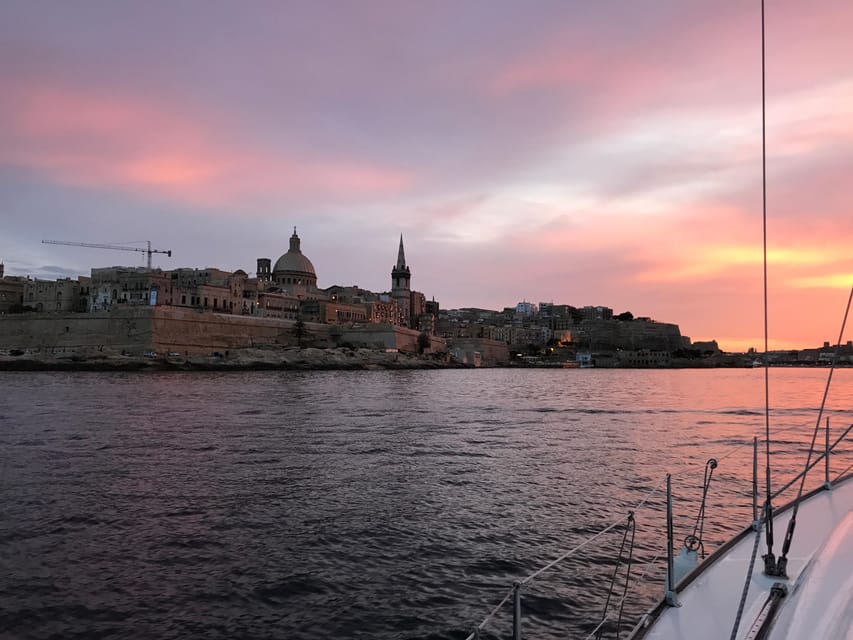 From Valletta: Romantic Sunset Cruise on a Sailing Yacht - Anchoring near Manoel Island or Rinella Bay