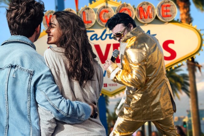 Gold Elvis Wedding or Vow Renewal at Las Vegas Sign - Picking the right time and preparing for desert weather