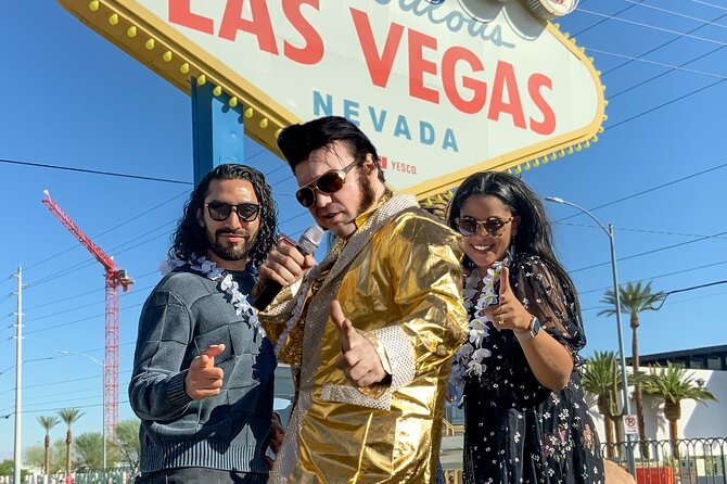 Gold Elvis Wedding or Vow Renewal at Las Vegas Sign - The north-side ceremony with funny Elvis vows