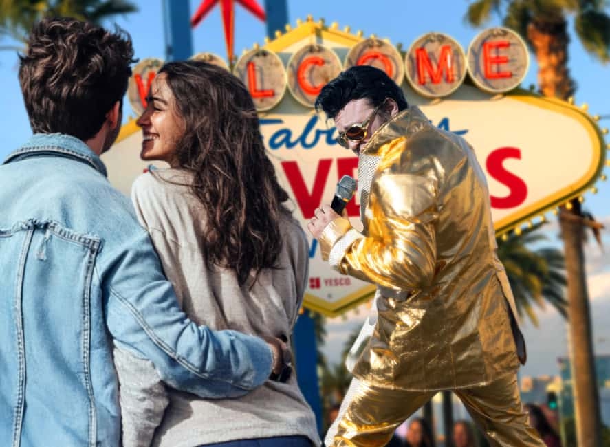 Las Vegas: Gold Elvis Vow Renewal or Wedding at Welcome Sign - A Real Ceremony or a Playful Vow Renewal