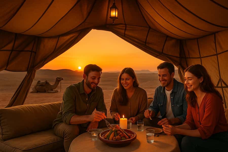 Marrakech: Camel Ride & Sunset Dinner with Fire Show - Tea, pastries, and a camp with a view