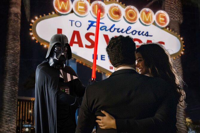 Movie Themed Wedding or Vow Renewal at Las Vegas Sign - Choosing between Wizard School, Space Sci-fi, Vegas Hangover, and The Dude