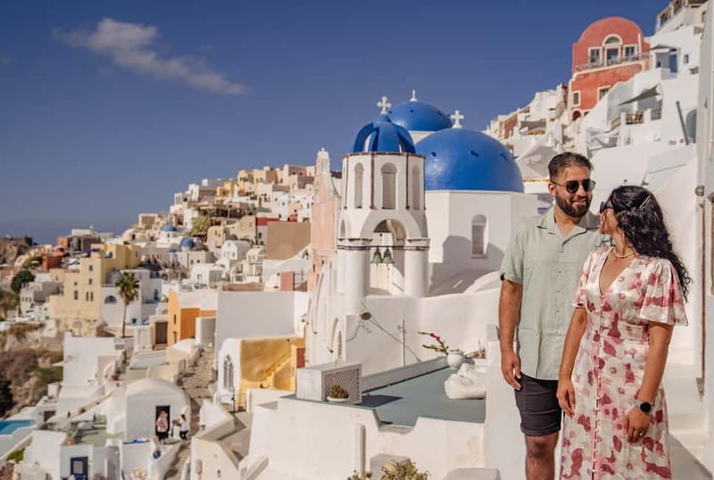 Oia: Couple Photoshoot Seprate Entrance to Blue Dome - What you receive after the camera stops